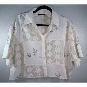Zara Patchwork Lace Embroidered Blouse Medium Sheer Floral Cropped Button Front